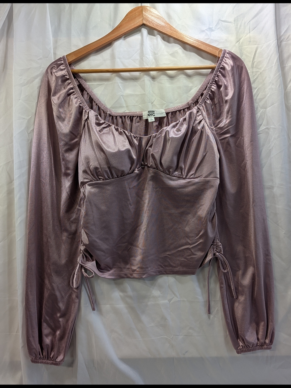 Madden NYC Emma Junior's Satin Lilac Long Sleeve Crop Top w/Padded Bust Size L